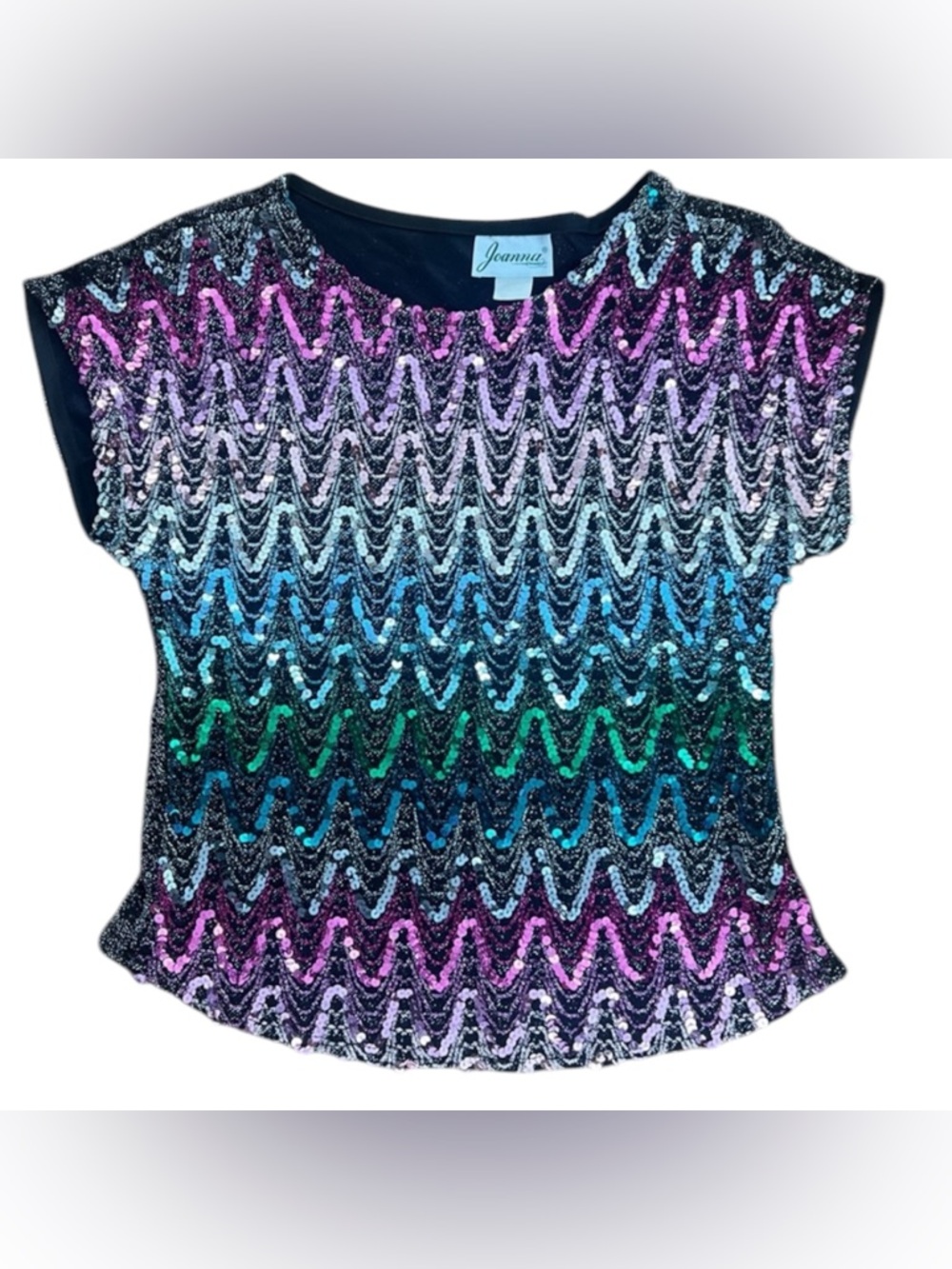 Vintage Rainbow Sequin Top Metallic Zigzag Party Disco Glam Blouse USA L